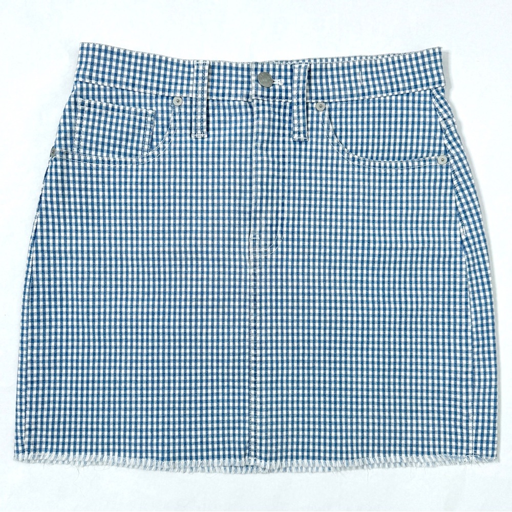 Madewell Blue Plaid Gingham Skirt Stretch Denim Mini Western Fringe Hem SZ 27